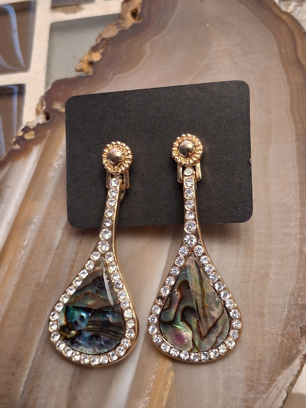 Vintage Gold-Tone Abalone Teardrop Crystal Earrings